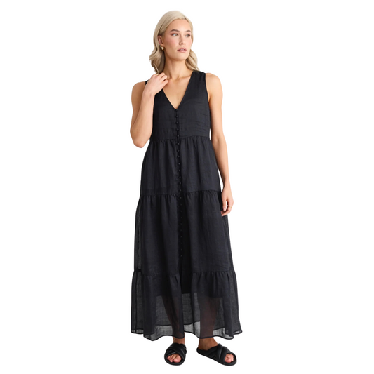 Pacific Black Cotton Voile Sleeveless Button Front Tiered Maxi Dress