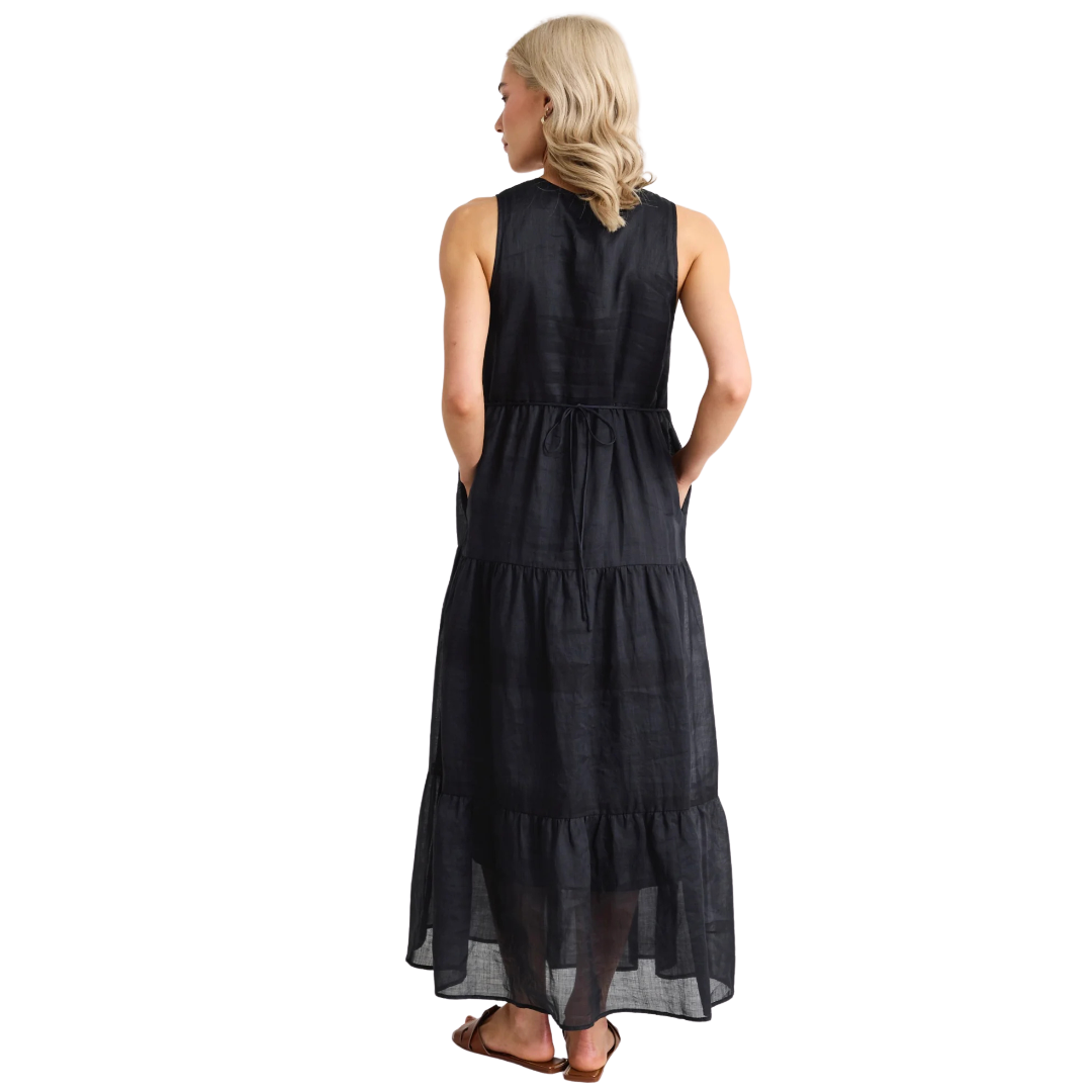 Pacific Black Cotton Voile Sleeveless Button Front Tiered Maxi Dress