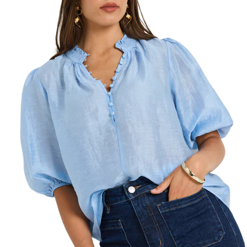 Closure Pale Blue Sheer High Neck Buttoned SS Top