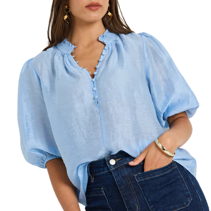 Closure Pale Blue Sheer High Neck Buttoned SS Top