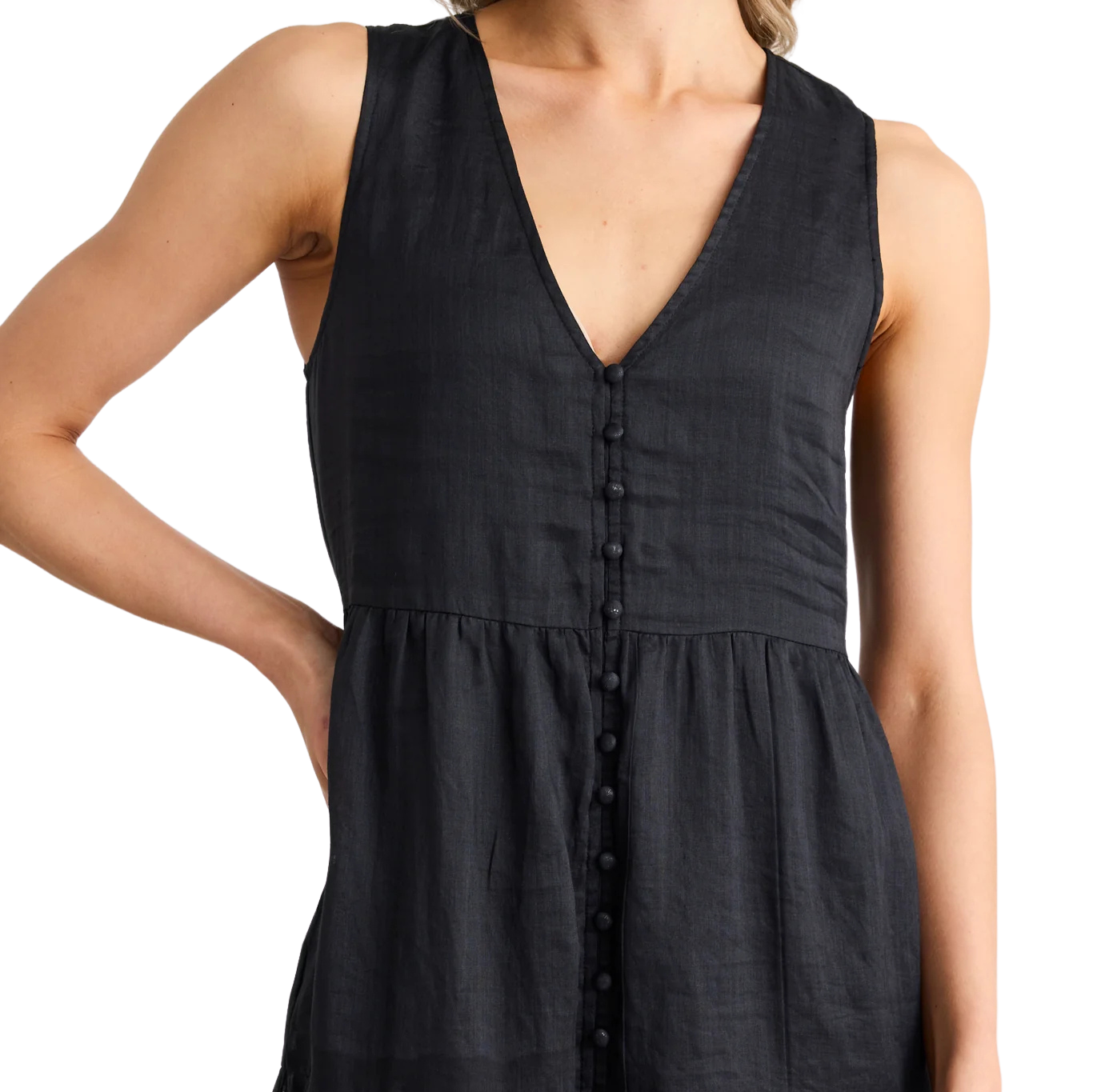 Pacific Black Cotton Voile Sleeveless Button Front Tiered Maxi Dress