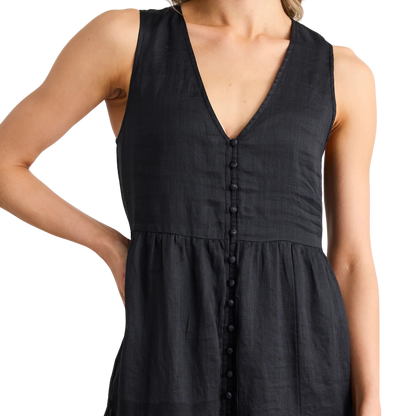 Pacific Black Cotton Voile Sleeveless Button Front Tiered Maxi Dress