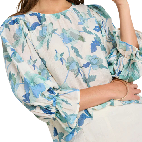 Candid Blue Cream Floral Frill Sleeve Crew Neck SS Top