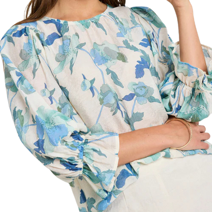 Candid Blue Cream Floral Frill Sleeve Crew Neck SS Top