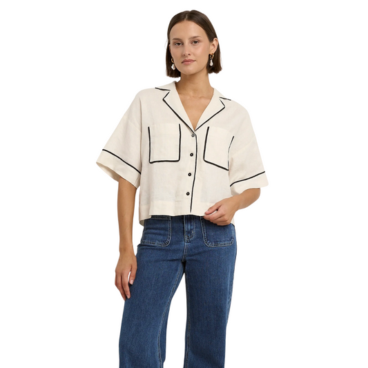 Culture Cream Black Trim Linen Boxy SS Shirt - Cream