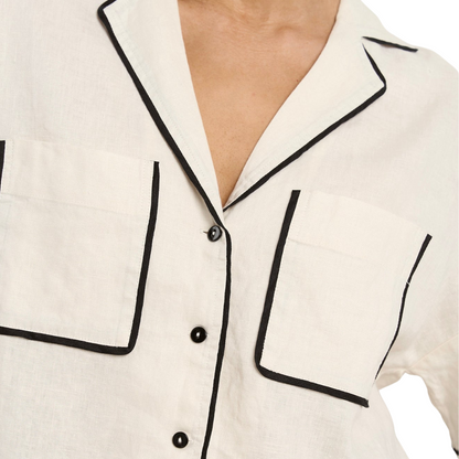 Culture Cream Black Trim Linen Boxy SS Shirt - Cream