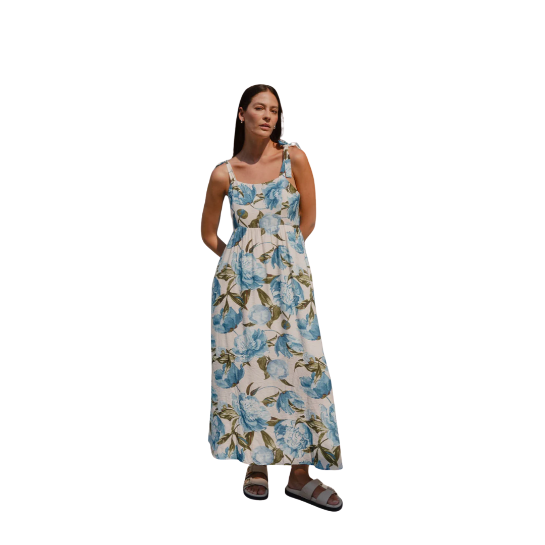 Nimbus Blue Vintage Floral Tie Strap Maxi Dress