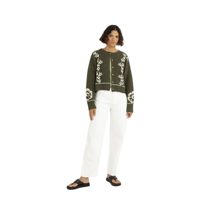 Antique Floral Crop Cardigan Olive