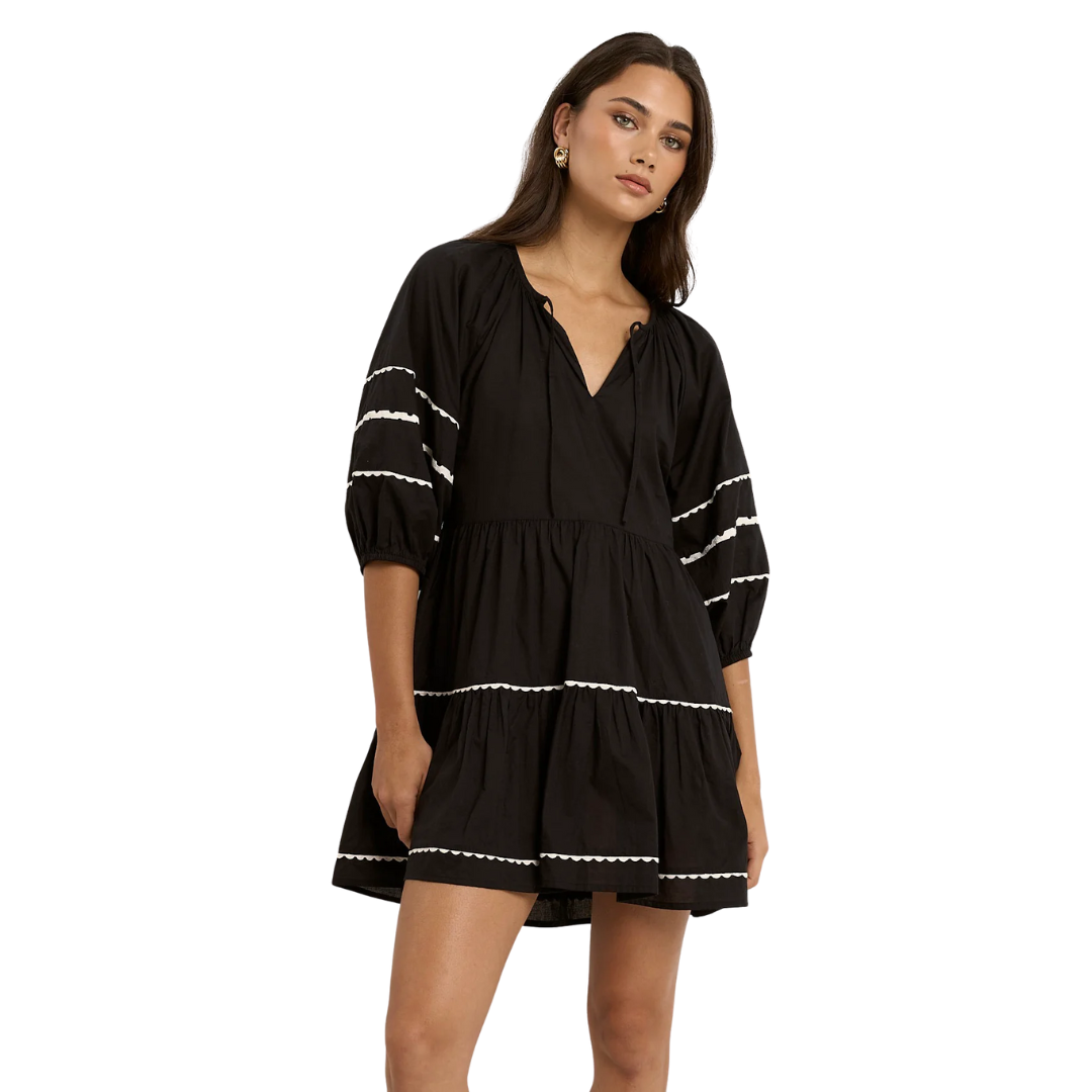 Again Black SS Tiered Smock Dress
