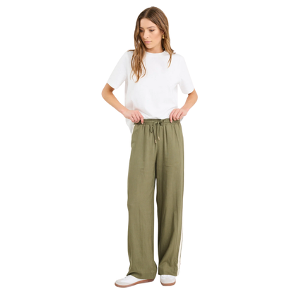 Vibe Khaki Linen Blend Jacquard Stripe Wide Leg Pants