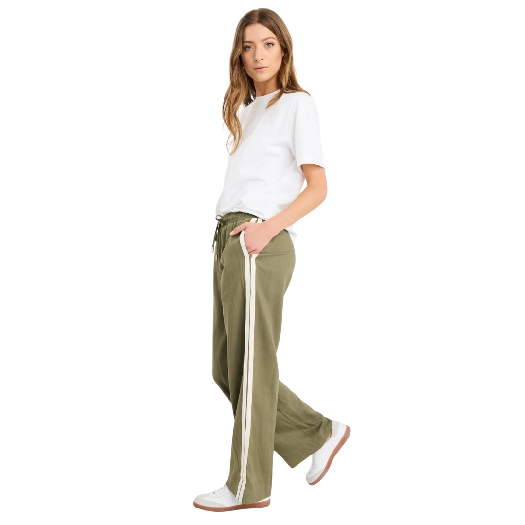 Vibe Khaki Linen Blend Jacquard Stripe Wide Leg Pants