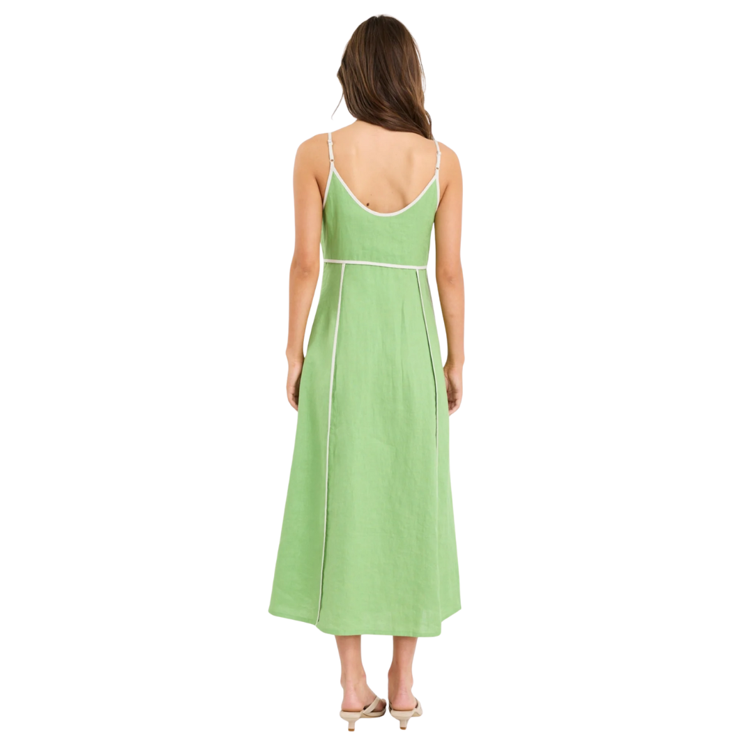 Marine Apple Contrast Piped Linen Strappy Maxi Dress