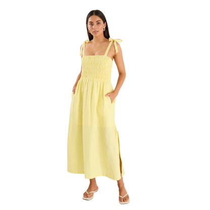Vacation Canary Yellow Strappy Shirred Midi Dress