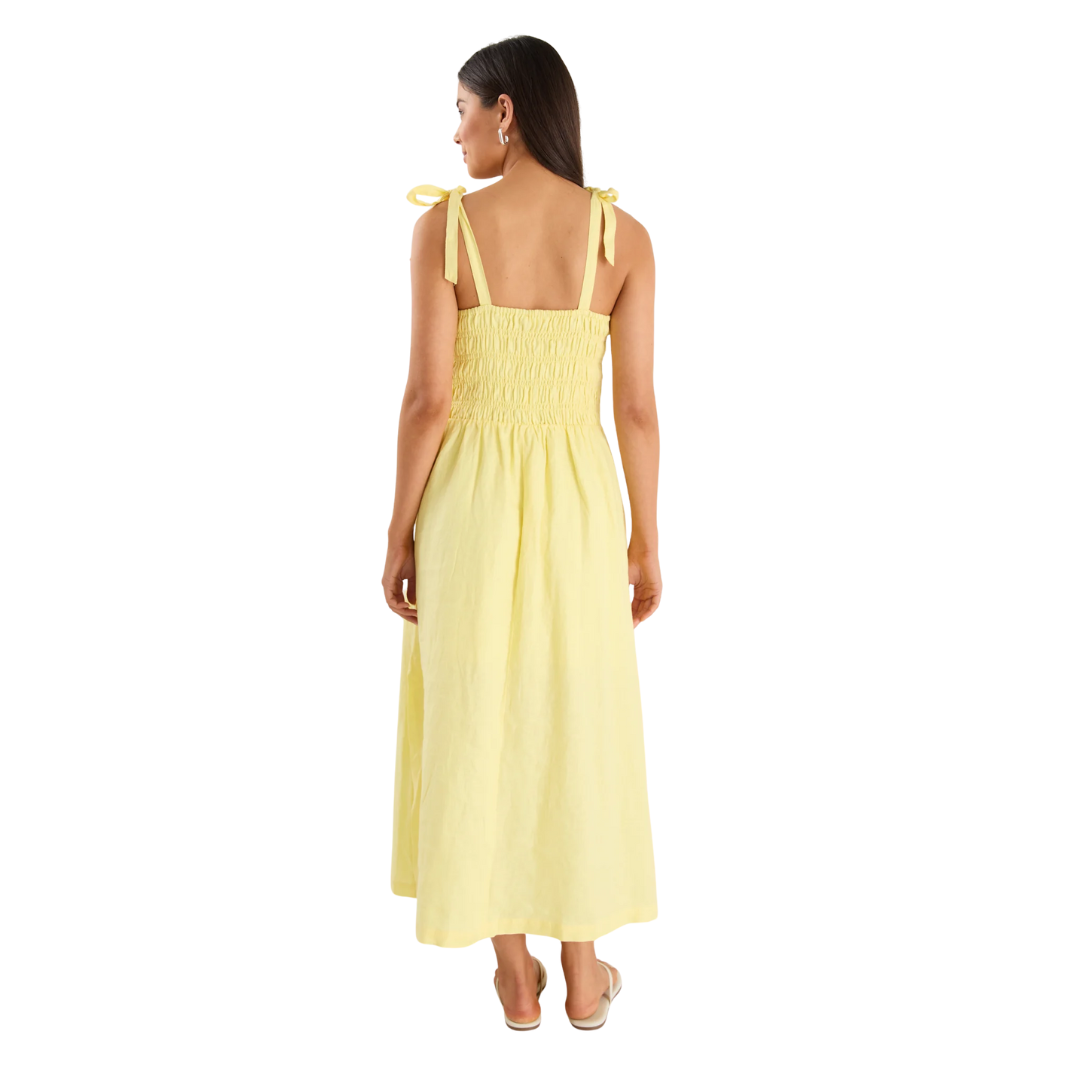 Vacation Canary Yellow Strappy Shirred Midi Dress