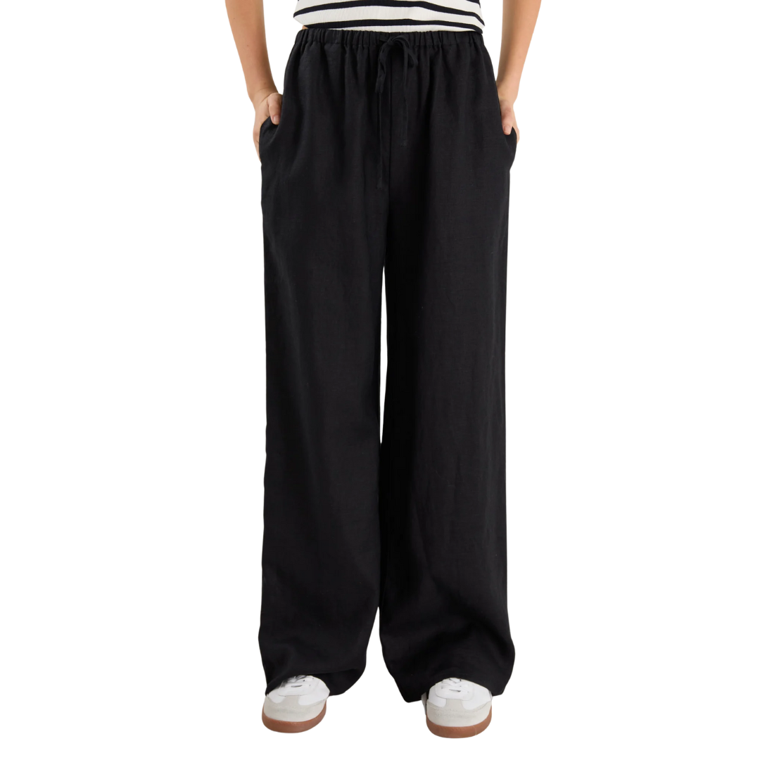 Wellness Black Linen Pull On Wide Leg Pants