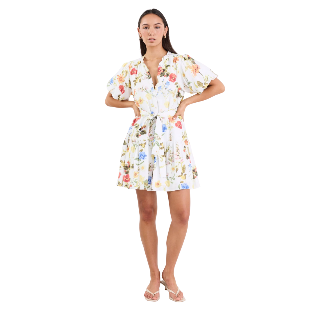 Delphi Cream Garden Print Drop Waist Belted Mini Dress