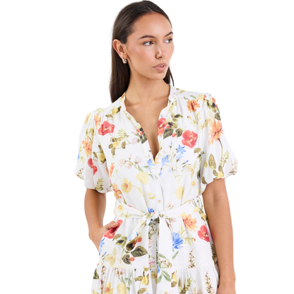 Delphi Cream Garden Print Drop Waist Belted Mini Dress