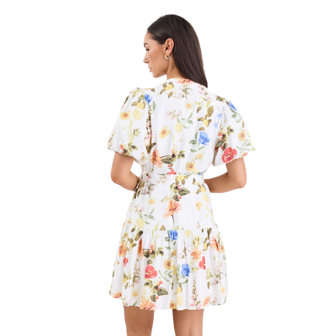 Delphi Cream Garden Print Drop Waist Belted Mini Dress