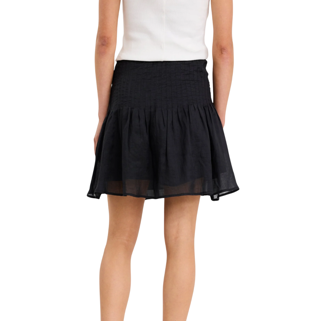 Goldie Black Ramie Pintuck Waist Mini Skirt