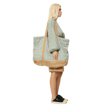Millie Hemp Oversized Tote Bag - Tan Check